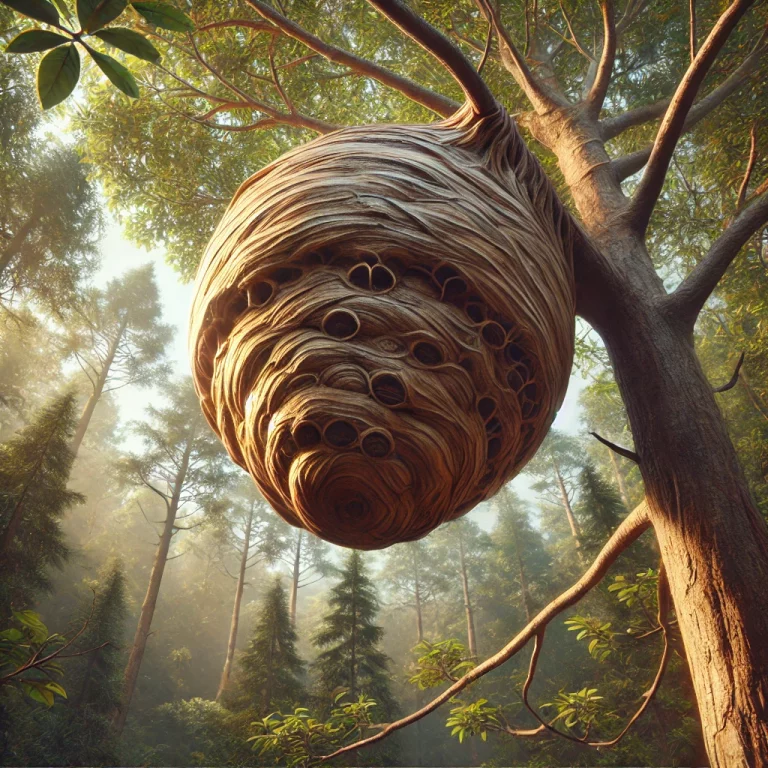 Nid de frelon asiatique en forme sphérique avec une ouverture latérale, suspendu haut dans un arbre dans une forêt dense.