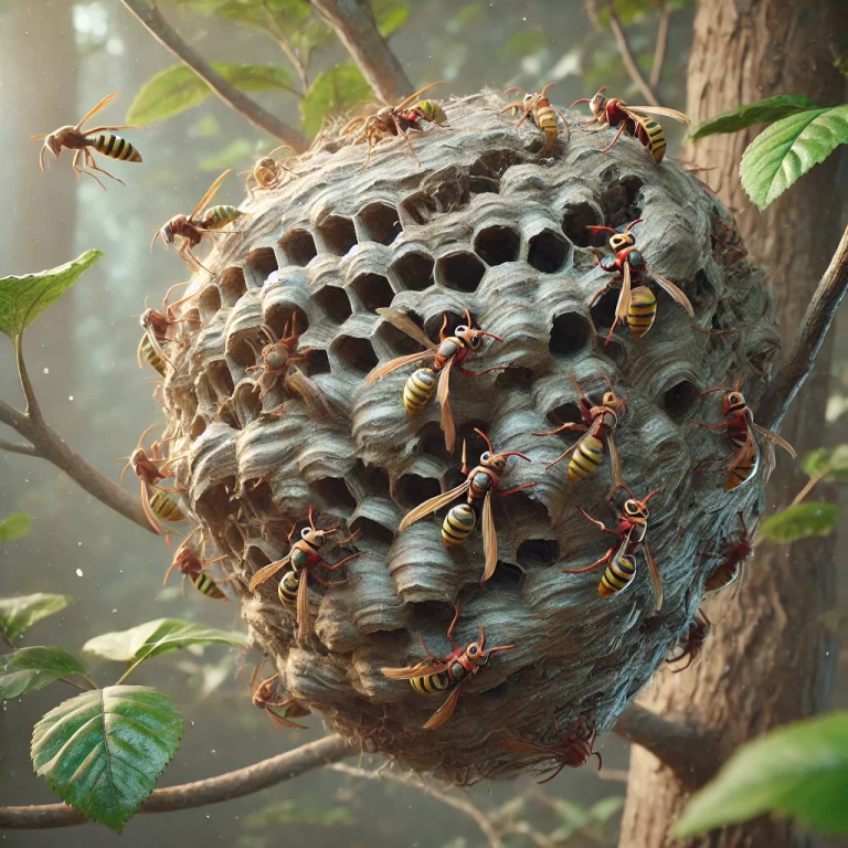 Un nid de frelon sec et partiellement cassé, situé dans un arbre, sans aucun frelon visible autour.