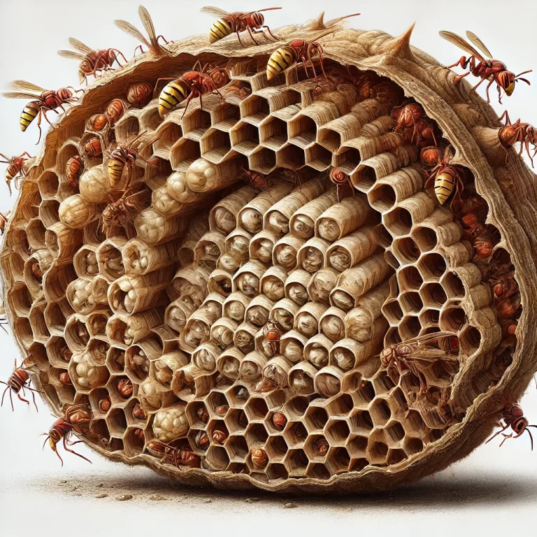 Coupe transversale d’un nid de frelon asiatique montrant les couches internes de rayons avec des larves, entourées d’une coque protectrice.