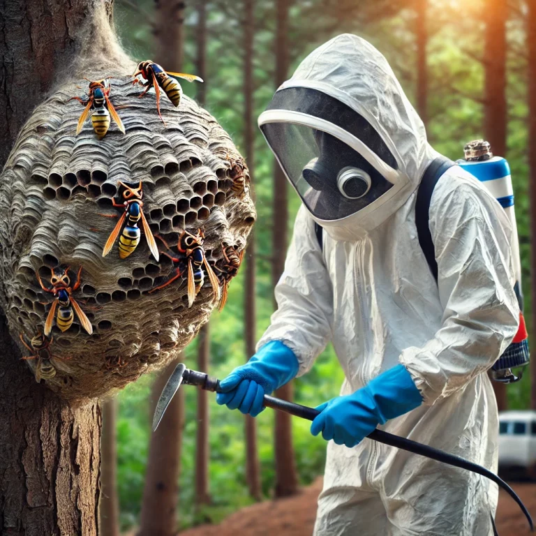 Un expert en lutte contre les nuisibles retire un nid de frelon asiatique d’un arbre, vêtu d’un équipement de protection complet et utilisant des outils spécialisés.