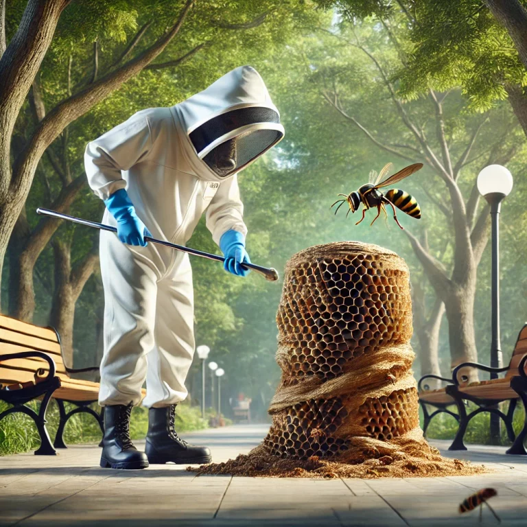 Un professionnel en tenue de protection examine un nid de guêpes dans un parc public à l’aide d’un outil spécialisé, avec des arbres et des bancs en arrière-plan.