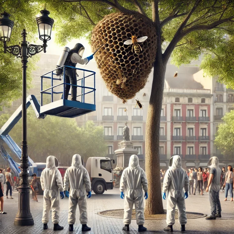 Une équipe de désinsectisation en tenue de protection retire un nid de frelons d’un arbre dans une place publique, à l’aide d’une nacelle, sous le regard de passants à distance.