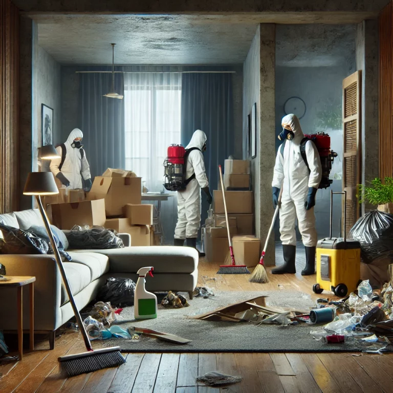 Un appartement encombré avec des piles de déchets et des meubles cassés, où une équipe de nettoyage en tenue de protection commence l’intervention.