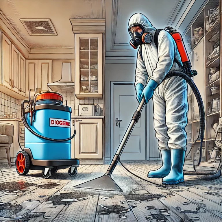 Un professionnel en tenue de protection utilise un équipement de nettoyage industriel pour désinfecter un sol très encrassé dans un appartement encombré.