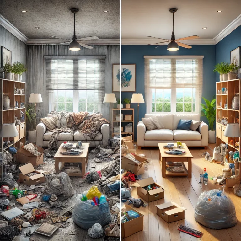 Comparaison avant-après d'une pièce gravement encombrée et nettoyée, mettant en évidence la transformation.