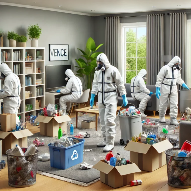 Équipe professionnelle en tenue de protection triant des objets dans une maison encombrée à Vence après un syndrome de Diogène.