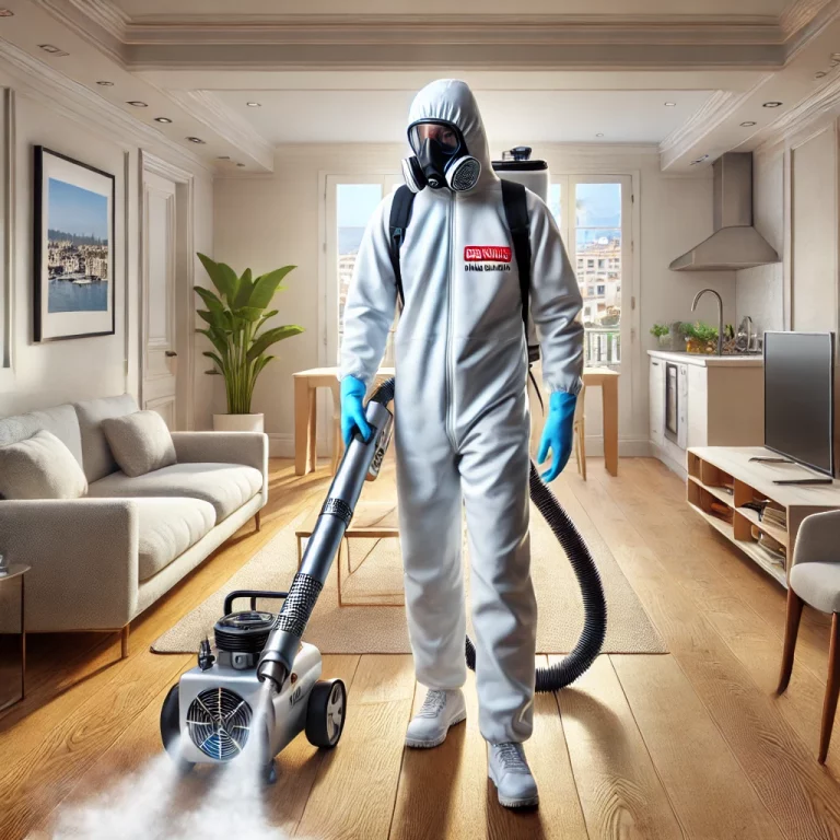 Un professionnel appliquant un traitement de brumisation pour neutraliser les odeurs dans un logement à Cannes après un syndrome de Diogène.
