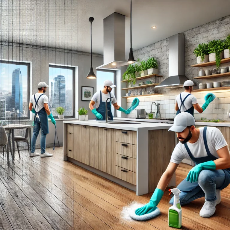 Équipe de nettoyage professionnel essuyant les surfaces de cuisine dans un appartement moderne, utilisant des produits respectueux de l’environnement.