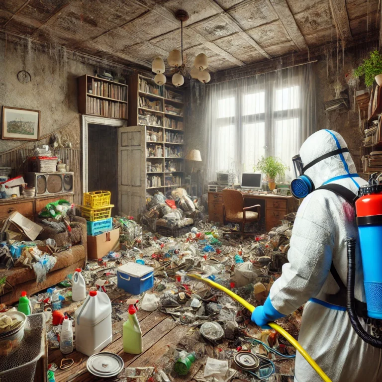 Illustration ultra-réaliste d’un appartement encombré et insalubre lié au syndrome de Diogène, avec une équipe de nettoyage professionnel commençant l’intervention.