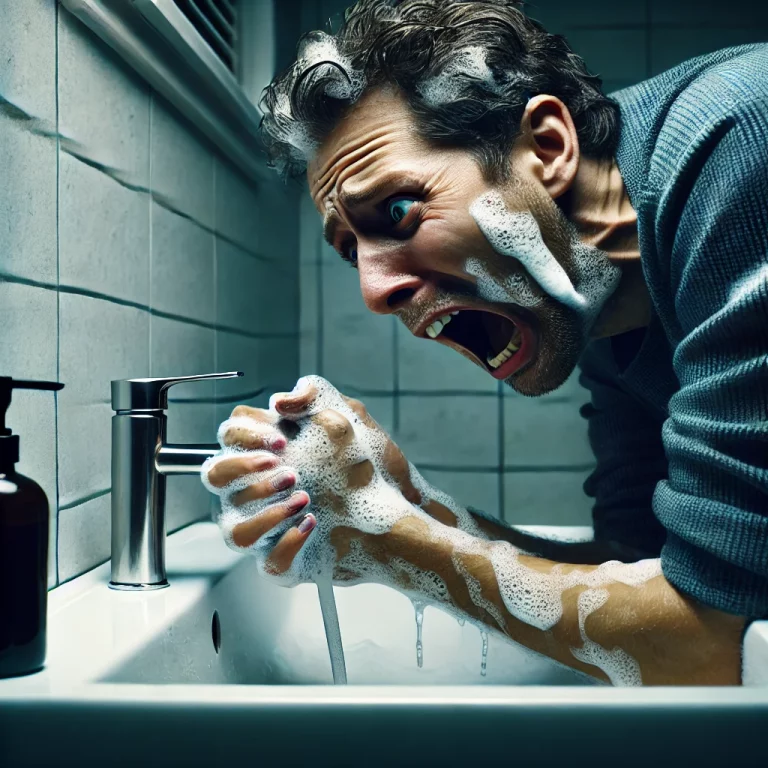 Illustration ultra-réaliste d’une personne frottant intensément ses mains avec du savon dans un lavabo, affichant une expression de détresse.