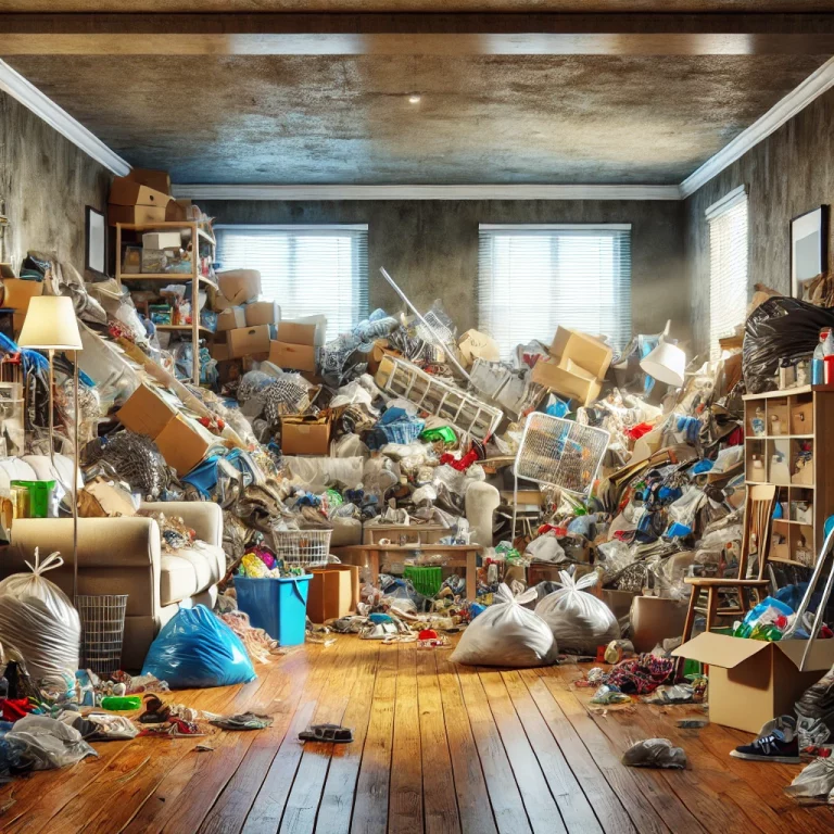 Appartement encombré et insalubre avant une intervention de nettoyage extrême due au syndrome de Diogène.