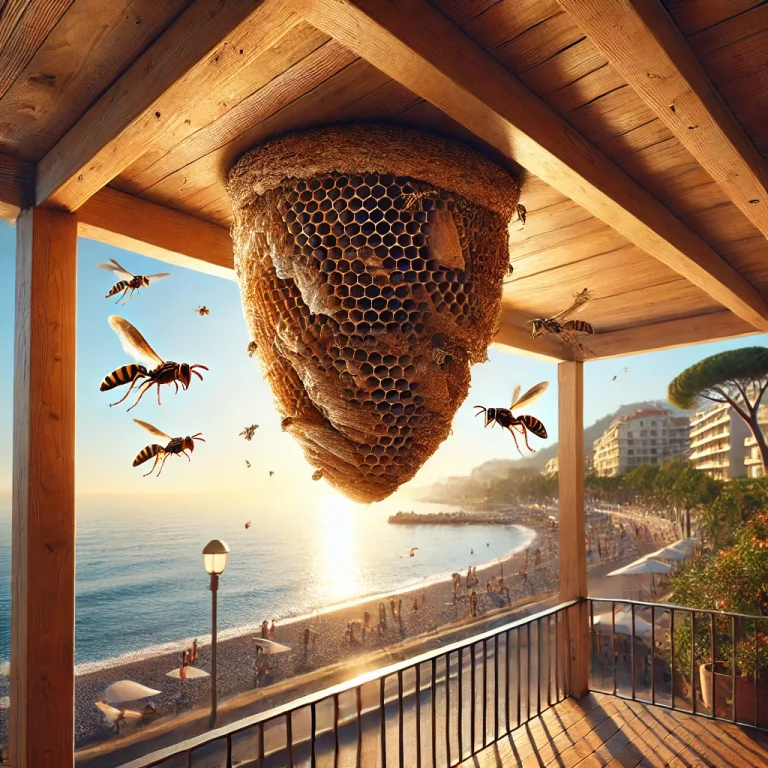 Un nid de guêpes actif accroché sous une pergola en bois avec des guêpes en vol et la mer en arrière-plan.