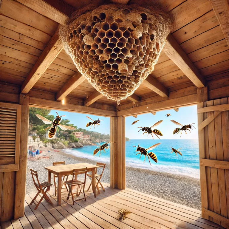 Un nid de guêpes accroché au plafond d’une cabane en bois avec vue sur la mer à Nice, des guêpes en vol autour.