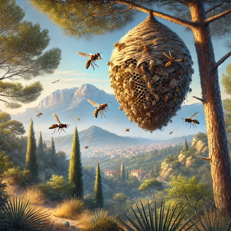 Un grand nid de frelons asiatiques suspendu à un arbre, avec plusieurs frelons en vol et un paysage méditerranéen en arrière-plan.
