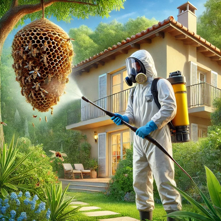 Un expert en désinsectisation en combinaison de protection pulvérise un nid de frelons asiatiques dans un jardin d’une maison méditerranéenne.
