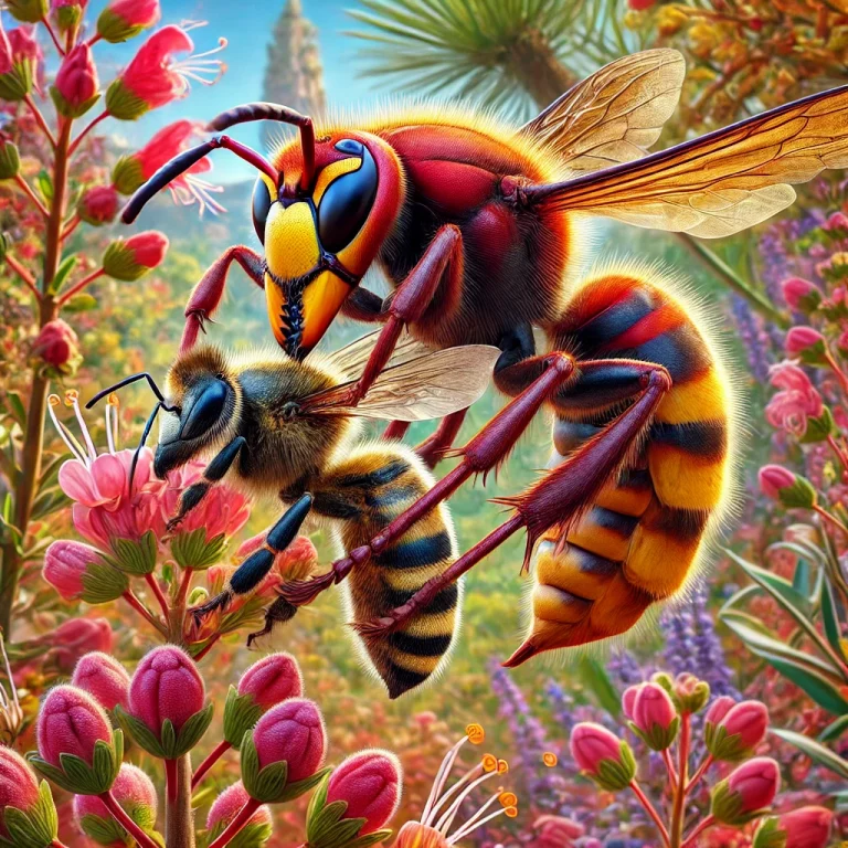 Un frelon asiatique s’attaquant à une abeille sur une fleur dans un jardin méditerranéen. Le frelon est beaucoup plus grand et saisit l’abeille avec ses puissantes mandibules.