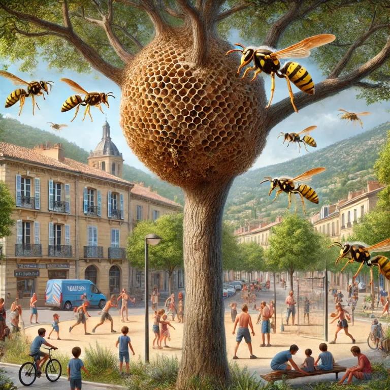Illustration réaliste d'un nid actif de guêpes dans un arbre au milieu d'un parc public des Alpes-Maritimes.