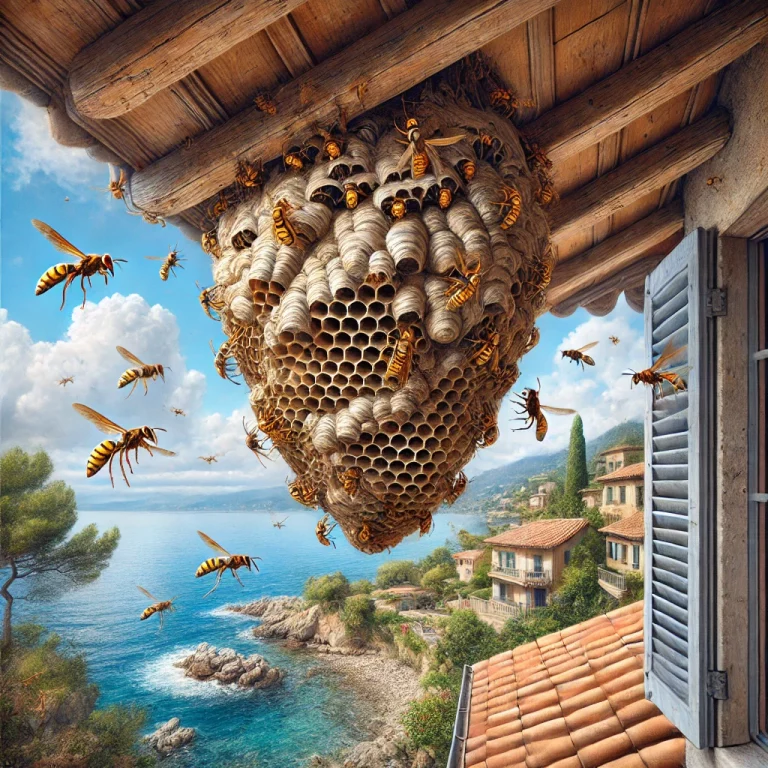 Illustration très réaliste d'un nid de frelons actif sous les combles d'une habitation sur la côte des Alpes-Maritimes.