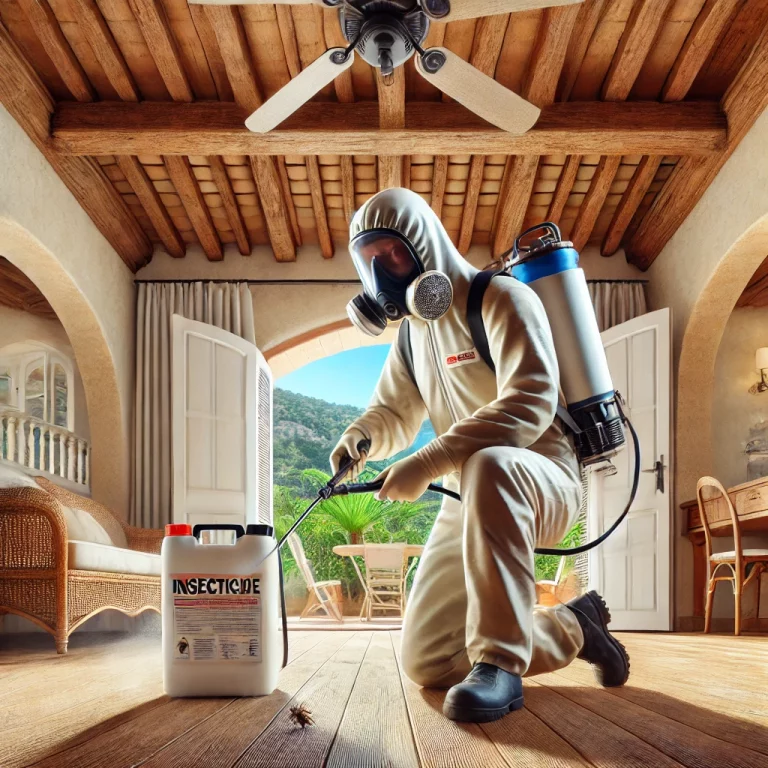 Technicien de désinsectisation en tenue de protection traitant une infestation d'insectes dans une maison méditerranéenne.
