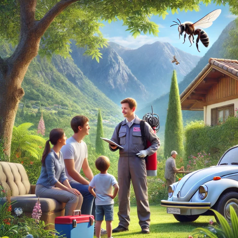 Expert en désinsectisation conseillant une famille sur la prévention antiparasitaire dans un jardin luxuriant des Alpes-Maritimes.