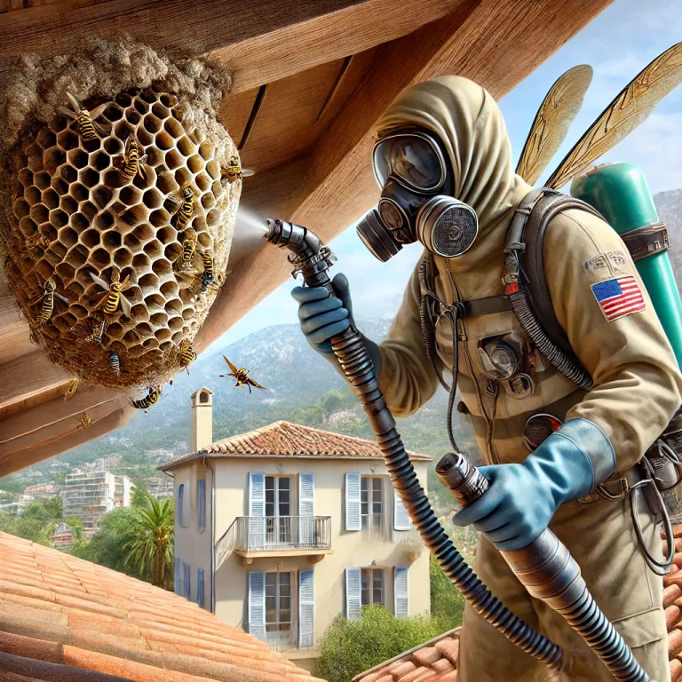 Technicien en tenue de protection retirant soigneusement un nid de guêpes sous les toits d'une villa méditerranéenne dans les Alpes-Maritimes.