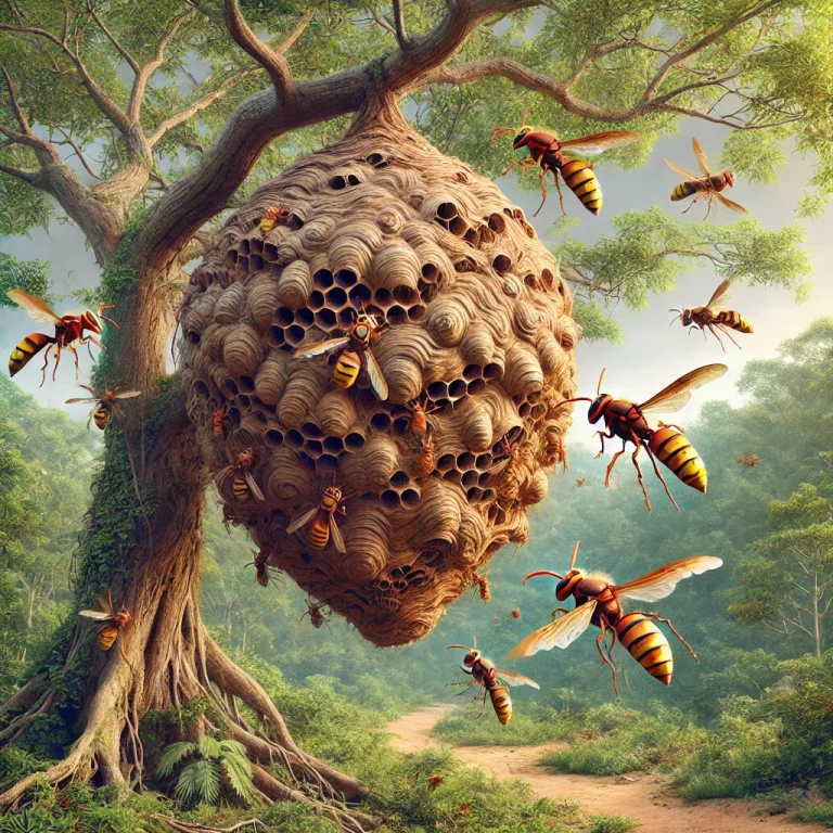 Illustration réaliste d'un nid de frelons asiatiques en expansion dans un arbre au printemps, avec des frelons en vol.