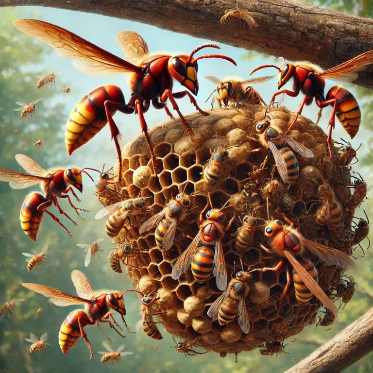 Illustration ultra-réaliste de frelons asiatiques attaquant une ruche de miel, mettant en danger la colonie d'abeilles.