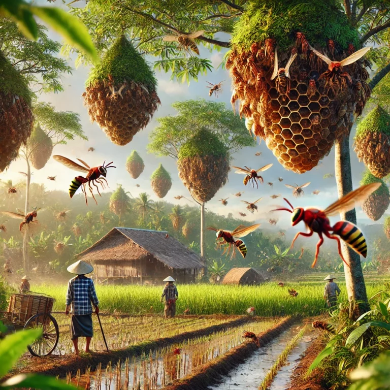 Illustration ultra-réaliste d’un paysage rural infesté de nids de frelons asiatiques accrochés aux arbres.