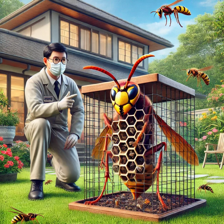 Illustration d'un expert en désinsectisation expliquant l'utilisation d'un piège à frelons asiatiques dans un jardin.