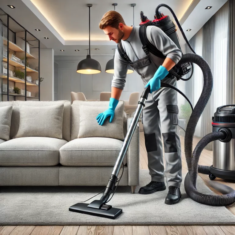 Technicien utilisant un aspirateur industriel pour nettoyer un canapé en tissu.