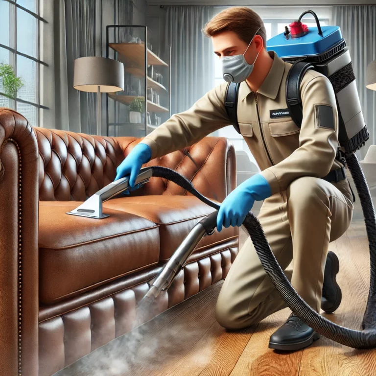 "Technicien professionnel effectuant un nettoyage vapeur sur un canapé en cuir."