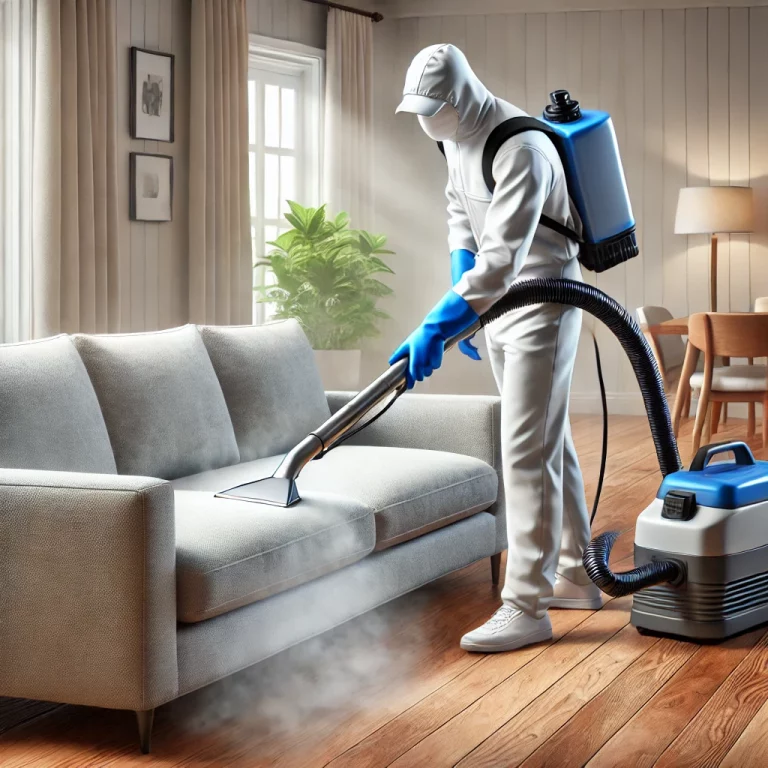 Technicien en équipement de protection utilisant un nettoyeur vapeur haute performance pour désinfecter un canapé en tissu.