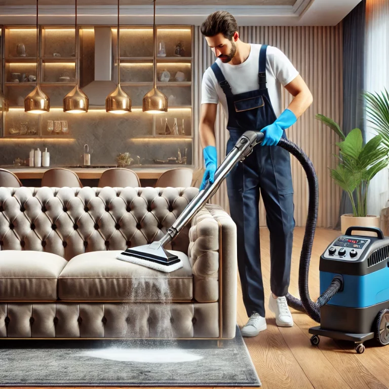 Un technicien professionnel utilisant une machine à shampoing pour nettoyer un canapé en velours dans un salon moderne.
