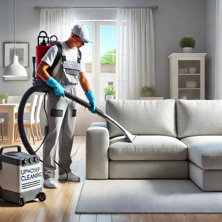 Technicien nettoyant un canapé tissu gris avec une machine à injection-extraction dans un salon lumineux à Cagnes-sur-Mer