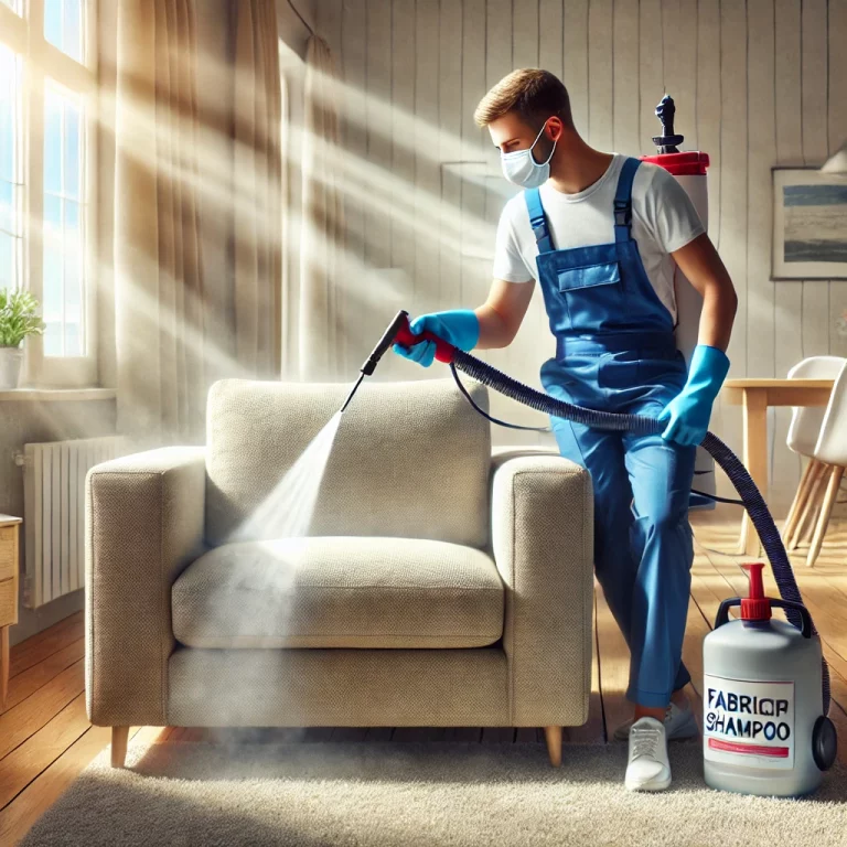 Technicien en uniforme nettoyant un canapé en tissu avec un shampoing spécial, dans un appartement lumineux à Cagnes-sur-Mer