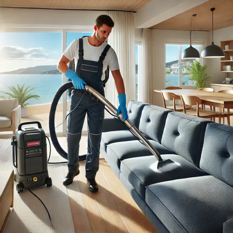 Technicien professionnel nettoyant un canapé bleu foncé avec une machine à vapeur dans un appartement lumineux à Cagnes-sur-Mer