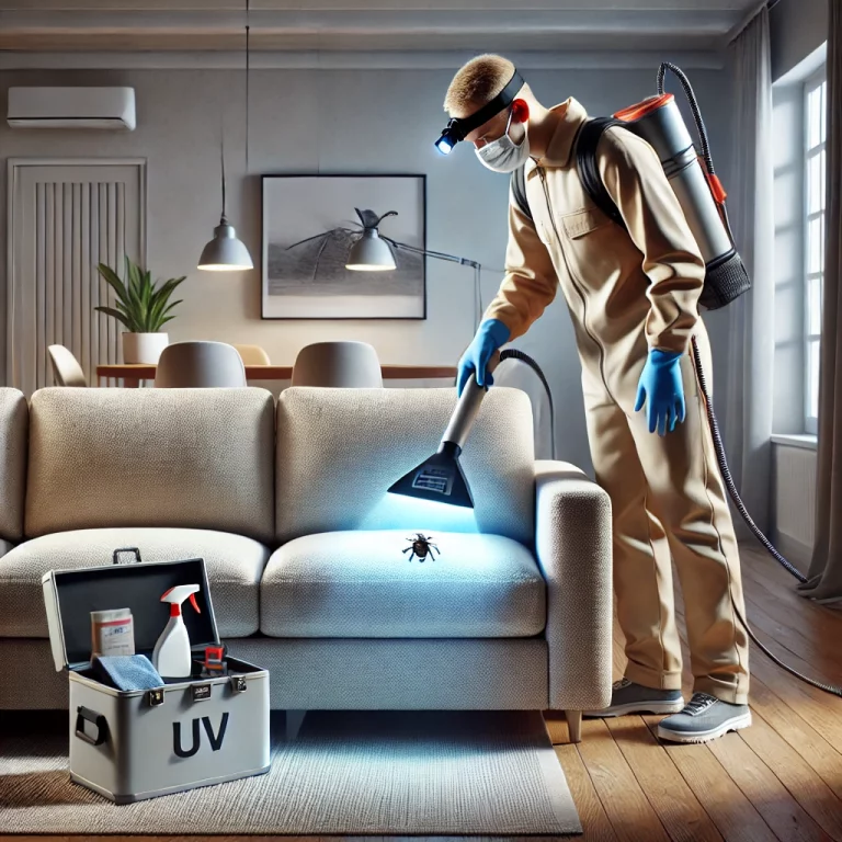 Technicien en nettoyage inspectant un canapé beige à l’aide d’une lumière UV à Cagnes-sur-Mer