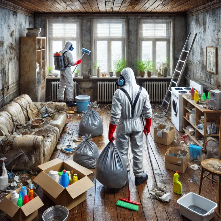 Deux agents en combinaison nettoient un appartement très sale rempli de déchets