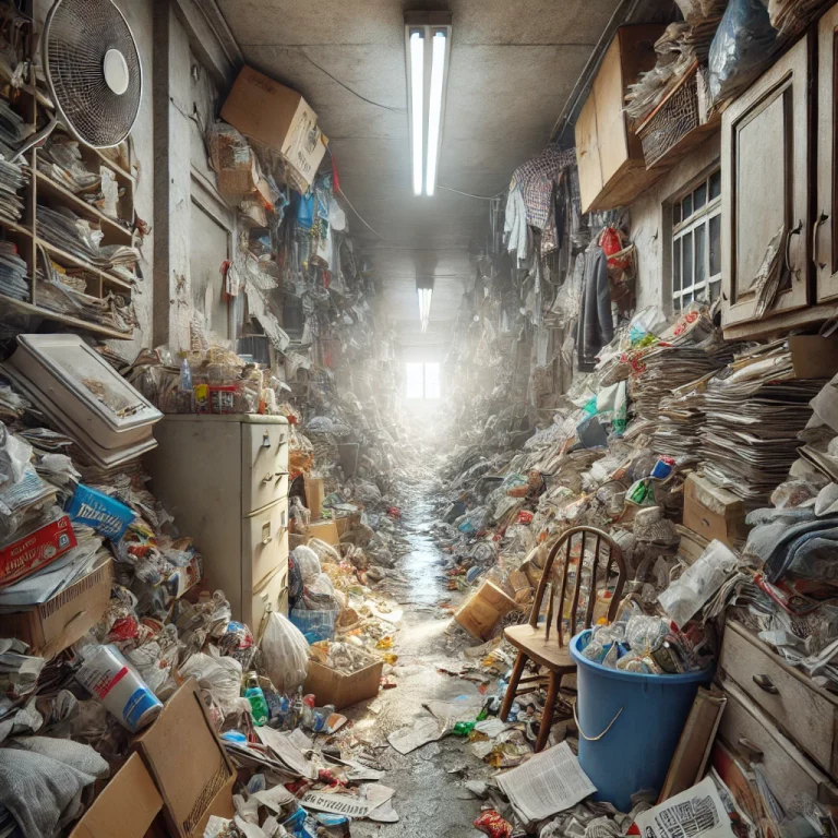 Vue réaliste d’un appartement rempli de déchets et de journaux liés au syndrome de Diogène