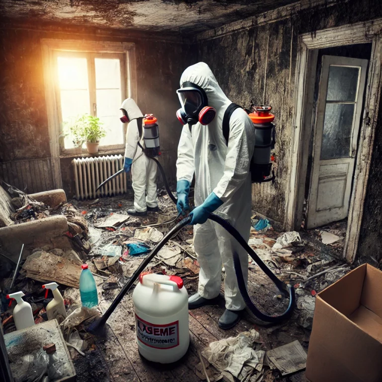 Techniciens en tenue de protection nettoyant un logement insalubre à Cagnes-sur-Mer
