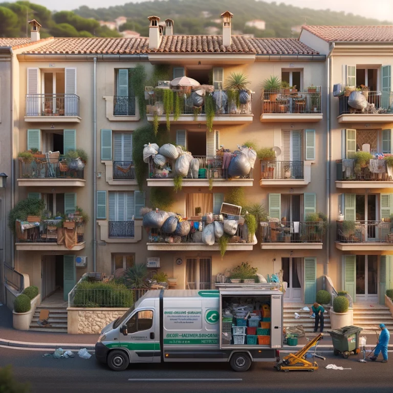 Immeuble avec balcons encombrés et camion de nettoyage Diogène stationné