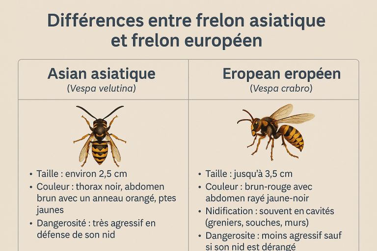 Tableau comparatif entre frelon asiatique Vespa velutina et frelon européen Vespa crabro