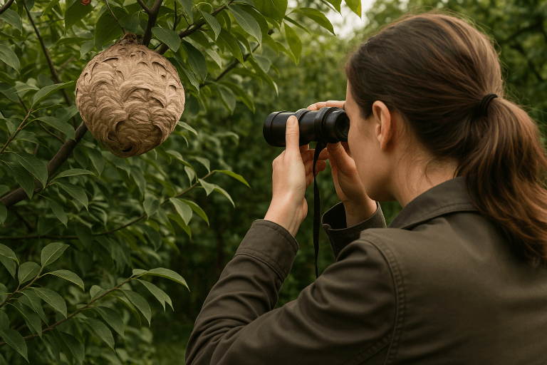 Personne examinant un nid de frelons dans un arbre à l’aide de jumelles en pleine nature