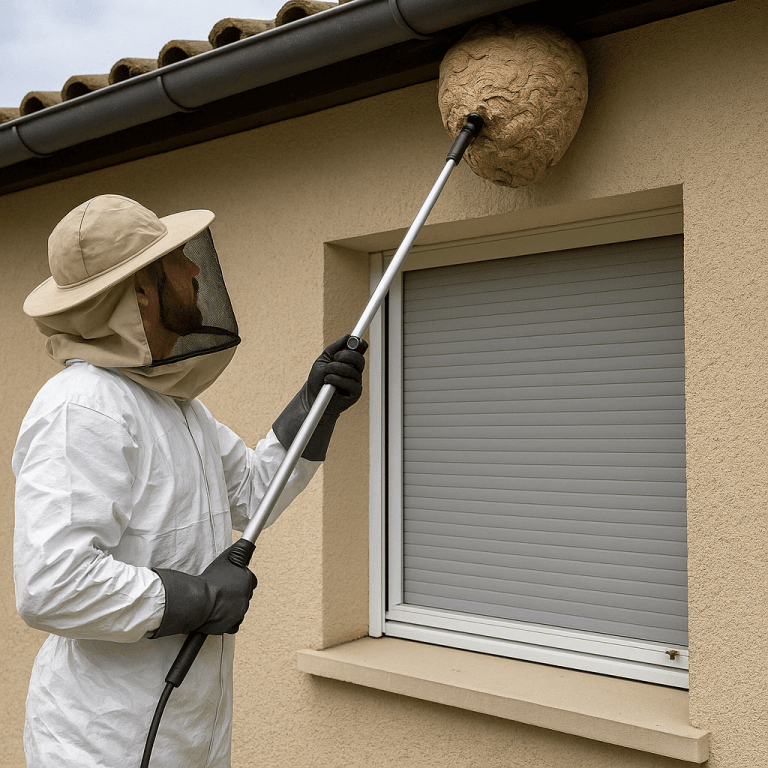 Technicien en tenue de protection pulvérisant un nid de frelons asiatiques à Nice