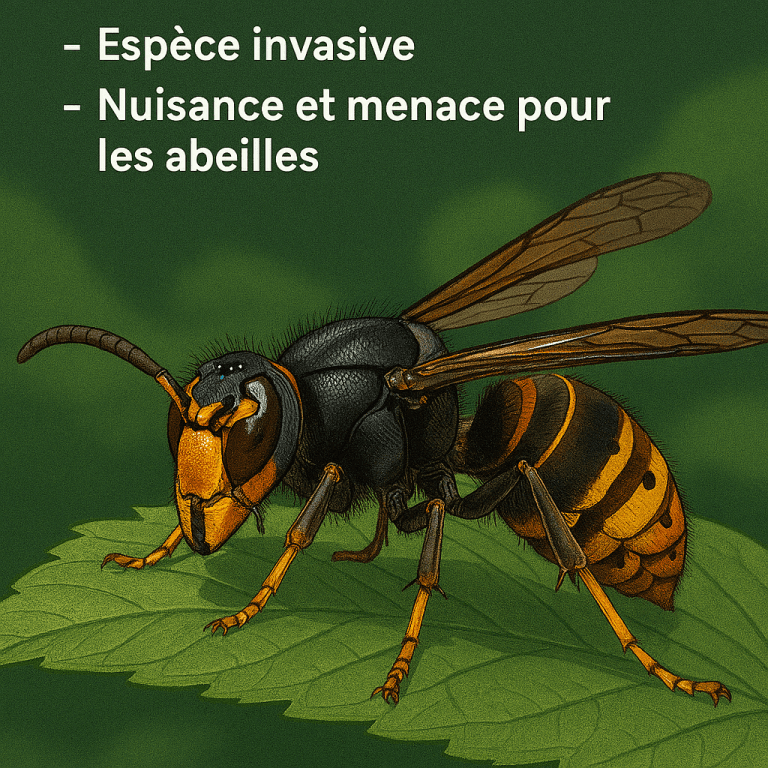 Frelon asiatique détaillé posé sur une feuille verte à Nice