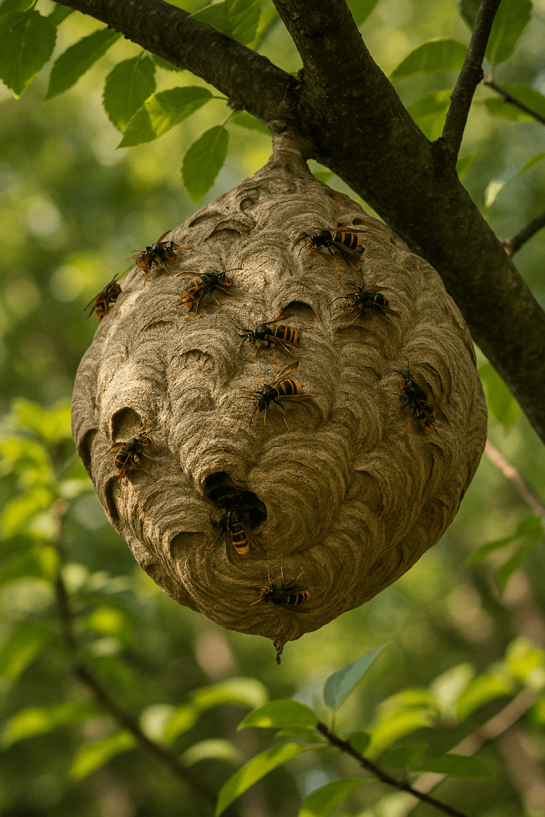 Nid de frelons asiatiques suspendu à un arbre dans un jardin à Antibes
