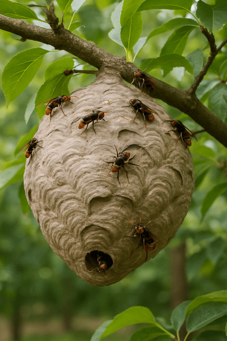 Nid de frelons asiatiques accroché à une branche feuillue