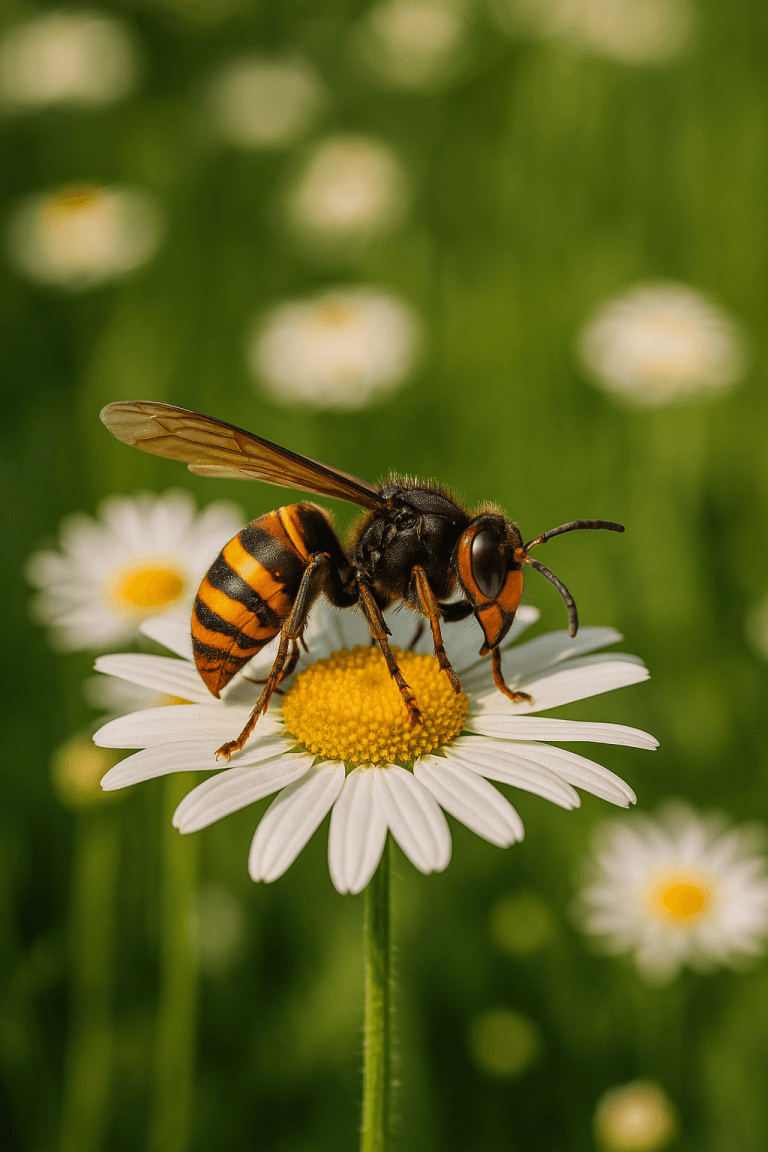 Frelon asiatique posé sur une fleur blanche à cœur jaune dans un champ de Villeneuve-Loubet