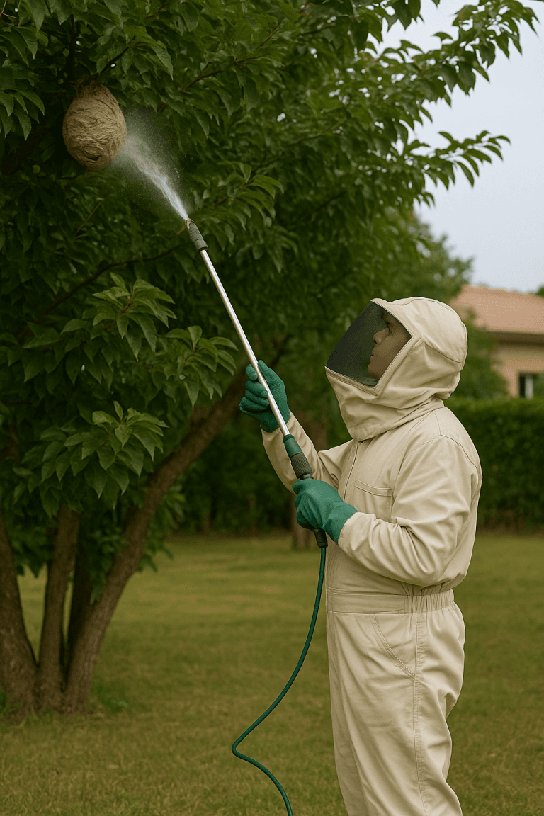 Technicien pulvérisant un nid de frelons asiatiques dans un jardin à Villeneuve-Loubet