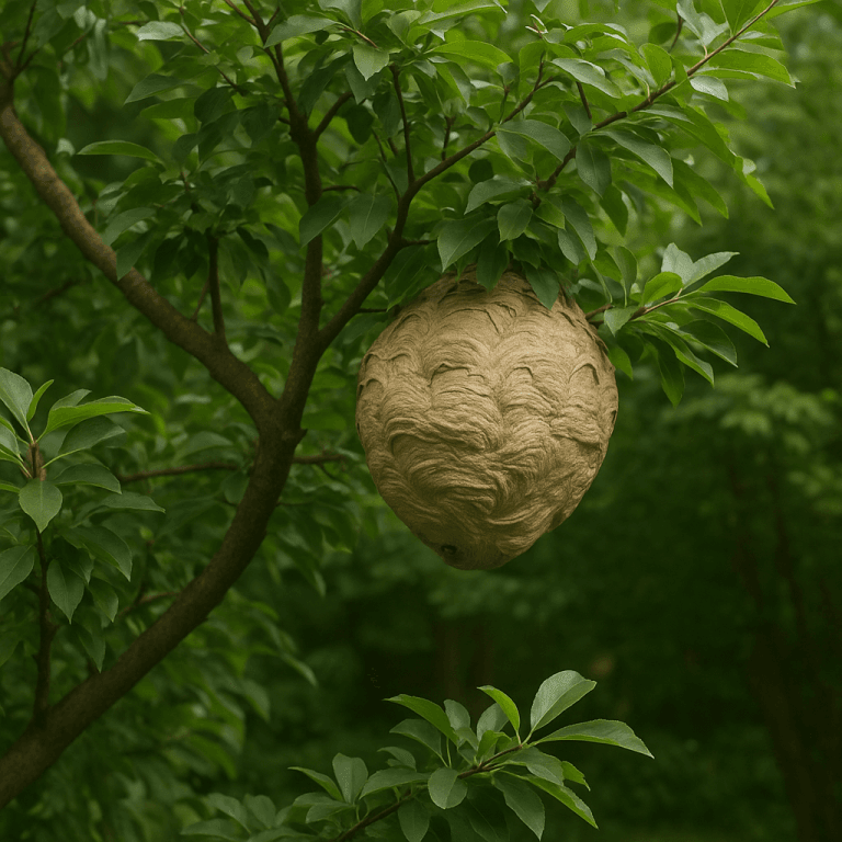 Nid de frelons asiatiques suspendu dans les branches feuillues d’un arbre à Biot